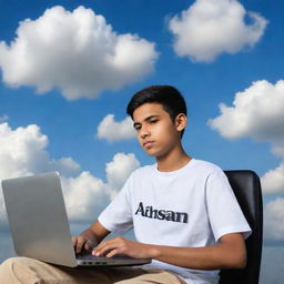 A teenage boy, wearing a shirt with 'Ahsan' printed across it, sits high in the sky, diligently working on a modern computer, amidst drifting fluffy clouds