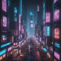 An ultra-high-resolution image of a cyberpunk city street, portrayed with luminous neon lights, futuristic skyscrapers and bustling activity.