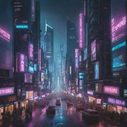 An ultra-high-resolution image of a cyberpunk city street, portrayed with luminous neon lights, futuristic skyscrapers and bustling activity.