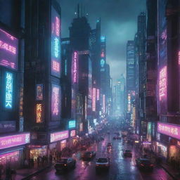 An ultra-high-resolution image of a cyberpunk city street, portrayed with luminous neon lights, futuristic skyscrapers and bustling activity.