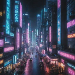 An ultra-high-resolution image of a cyberpunk city street, portrayed with luminous neon lights, futuristic skyscrapers and bustling activity.