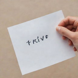 Close-up view of a person's hand holding a white paper with the word 'Triv' artistically written on it.