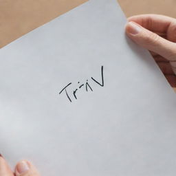 Close-up view of a person's hand holding a white paper with the word 'Triv' artistically written on it.