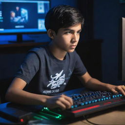 A teenage boy with a shirt displaying 'Ahsan', engrossed in gaming on a state-of-the-art PC, surrounded by gaming paraphernalia, with dynamic lights illuminating his focused expression.