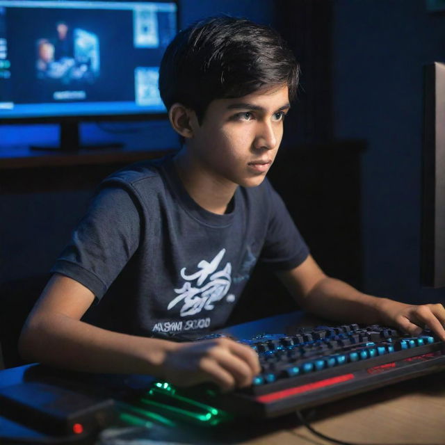 A teenage boy with a shirt displaying 'Ahsan', engrossed in gaming on a state-of-the-art PC, surrounded by gaming paraphernalia, with dynamic lights illuminating his focused expression.