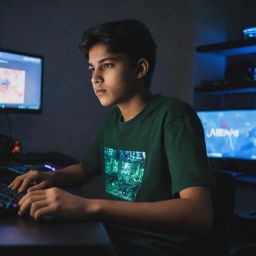 A teenage boy with a shirt displaying 'Ahsan', engrossed in gaming on a state-of-the-art PC, surrounded by gaming paraphernalia, with dynamic lights illuminating his focused expression.