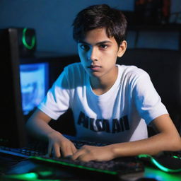 A teenage boy with a shirt displaying 'Ahsan', engrossed in gaming on a state-of-the-art PC, surrounded by gaming paraphernalia, with dynamic lights illuminating his focused expression.