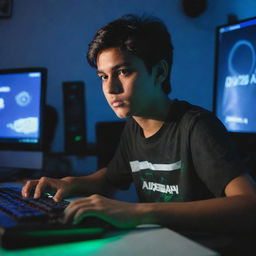 A teenage boy with a shirt displaying 'Ahsan', engrossed in gaming on a state-of-the-art PC, surrounded by gaming paraphernalia, with dynamic lights illuminating his focused expression.