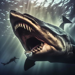 An award-winning Pulitzer Prize photograph featuring a dramatic image of a Megalodon, captured with intense detail and emotion