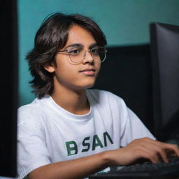 A teenager with medium-long hair and glasses, donning a shirt with 'Ahsan' clearly printed on it, deeply engaged in gaming on a high-tech PC. His dedicated expression reflects in the glow of the monitors.