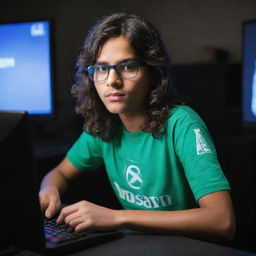 A teenager with medium-long hair and glasses, donning a shirt with 'Ahsan' clearly printed on it, deeply engaged in gaming on a high-tech PC. His dedicated expression reflects in the glow of the monitors.