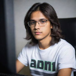 A teenager with medium-long hair and glasses, donning a shirt with 'Ahsan' clearly printed on it, deeply engaged in gaming on a high-tech PC. His dedicated expression reflects in the glow of the monitors.