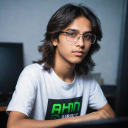 A teenager with medium-long hair and glasses, donning a shirt with 'Ahsan' clearly printed on it, deeply engaged in gaming on a high-tech PC. His dedicated expression reflects in the glow of the monitors.