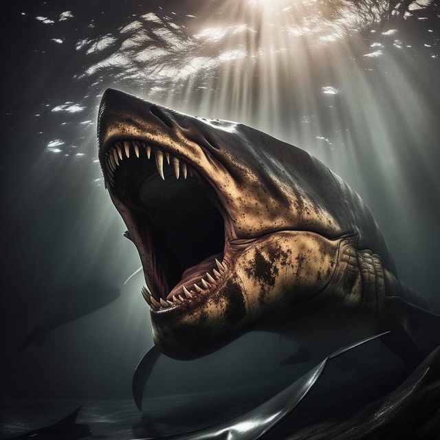 An award-winning Pulitzer Prize photograph featuring a dramatic image of a Megalodon, captured with intense detail and emotion