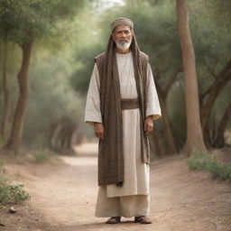 A distinguished, ancient figure named Jakhay from the Bible, cloaked in traditional biblical attire, standing in an age-old, tranquil setting.