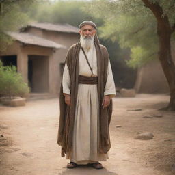 A distinguished, ancient figure named Jakhay from the Bible, cloaked in traditional biblical attire, standing in an age-old, tranquil setting.