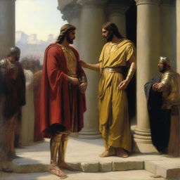 A richly detailed oil painting depicting Christ standing before a Roman Centurion, portrayed in the distinctive style of Danish painter Carl Heinrich Bloch