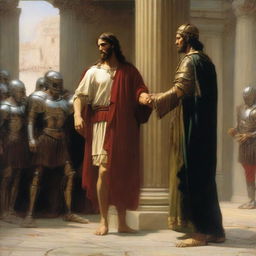 A richly detailed oil painting depicting Christ standing before a Roman Centurion, portrayed in the distinctive style of Danish painter Carl Heinrich Bloch