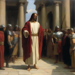 A richly detailed oil painting depicting Christ standing before a Roman Centurion, portrayed in the distinctive style of Danish painter Carl Heinrich Bloch