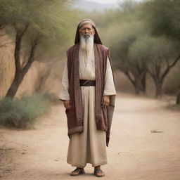 A distinguished, ancient figure named Jakhay from the Bible, cloaked in traditional biblical attire, standing in an age-old, tranquil setting.