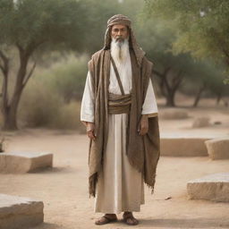 A distinguished, ancient figure named Jakhay from the Bible, cloaked in traditional biblical attire, standing in an age-old, tranquil setting.