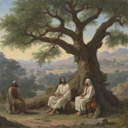 An ancient biblical scene with Jakhay in deep conversation with Jesus, both perched on the strong, ancient branches of a sprawling tree in a tranquil setting.