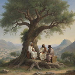 An ancient biblical scene with Jakhay in deep conversation with Jesus, both perched on the strong, ancient branches of a sprawling tree in a tranquil setting.