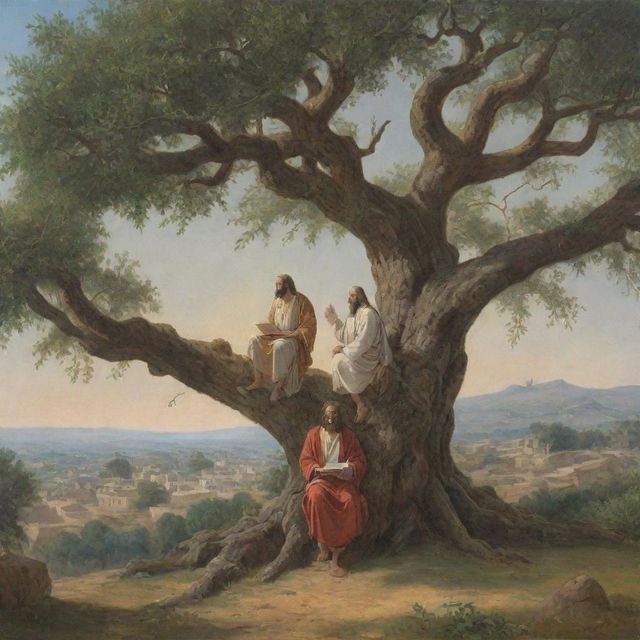 An ancient biblical scene with Jakhay in deep conversation with Jesus, both perched on the strong, ancient branches of a sprawling tree in a tranquil setting.