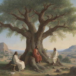 An ancient biblical scene with Jakhay in deep conversation with Jesus, both perched on the strong, ancient branches of a sprawling tree in a tranquil setting.