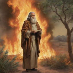 A biblical illustration of Moses, attired in his traditional shepherd's fashion, observing a bush that's engulfed in flames, but not consumed, radiating an ethereal, divine glow.