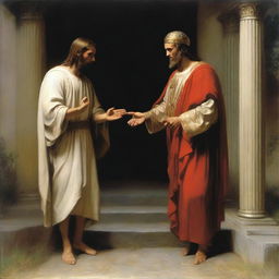 An exquisite oil painting, echoing the style of renowned Danish painter Carl Heinrich Bloch, presents Christ standing with a pleading Roman Centurion kneeling before him