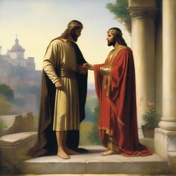 An exquisite oil painting, echoing the style of renowned Danish painter Carl Heinrich Bloch, presents Christ standing with a pleading Roman Centurion kneeling before him