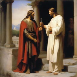 An exquisite oil painting, echoing the style of renowned Danish painter Carl Heinrich Bloch, presents Christ standing with a pleading Roman Centurion kneeling before him