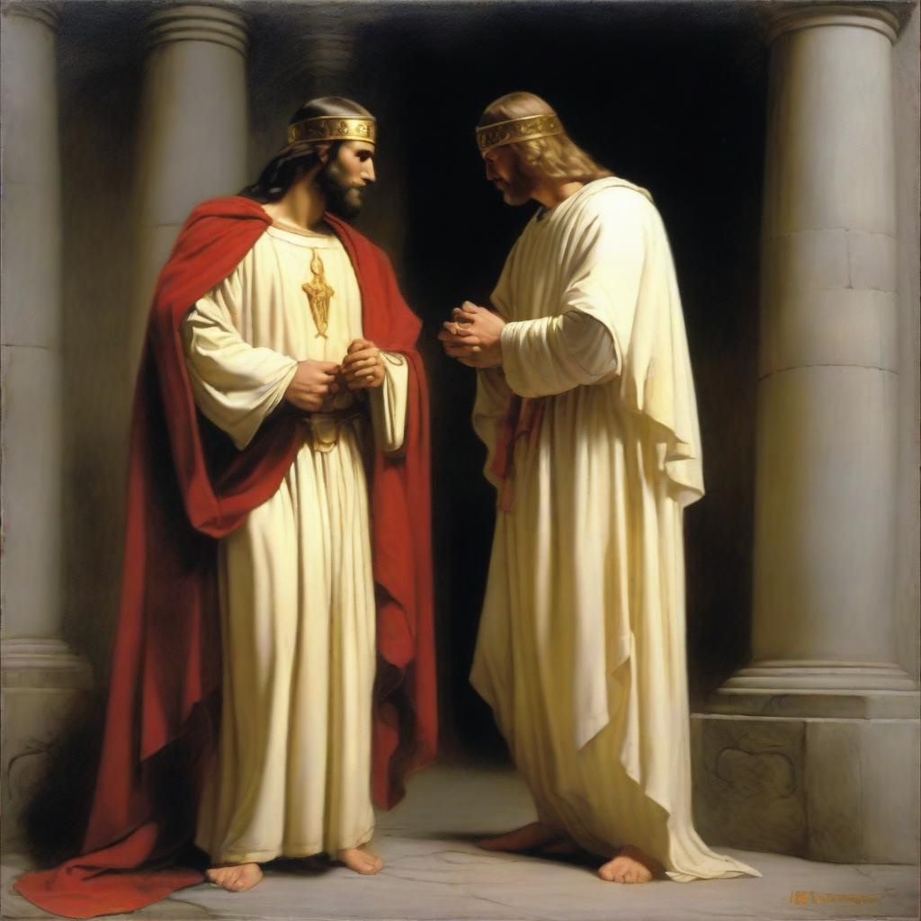 An exquisite oil painting, echoing the style of renowned Danish painter Carl Heinrich Bloch, presents Christ standing with a pleading Roman Centurion kneeling before him