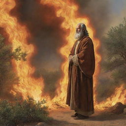 A biblical illustration of Moses, attired in his traditional shepherd's fashion, observing a bush that's engulfed in flames, but not consumed, radiating an ethereal, divine glow.