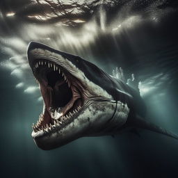 An award-winning Pulitzer Prize photograph featuring a dramatic image of a Megalodon, captured with intense detail and emotion