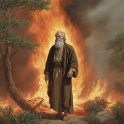 A biblical illustration of Moses, attired in his traditional shepherd's fashion, observing a bush that's engulfed in flames, but not consumed, radiating an ethereal, divine glow.