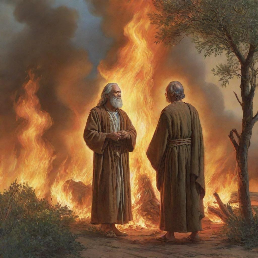 A biblical illustration of Moses, attired in his traditional shepherd's fashion, observing a bush that's engulfed in flames, but not consumed, radiating an ethereal, divine glow.