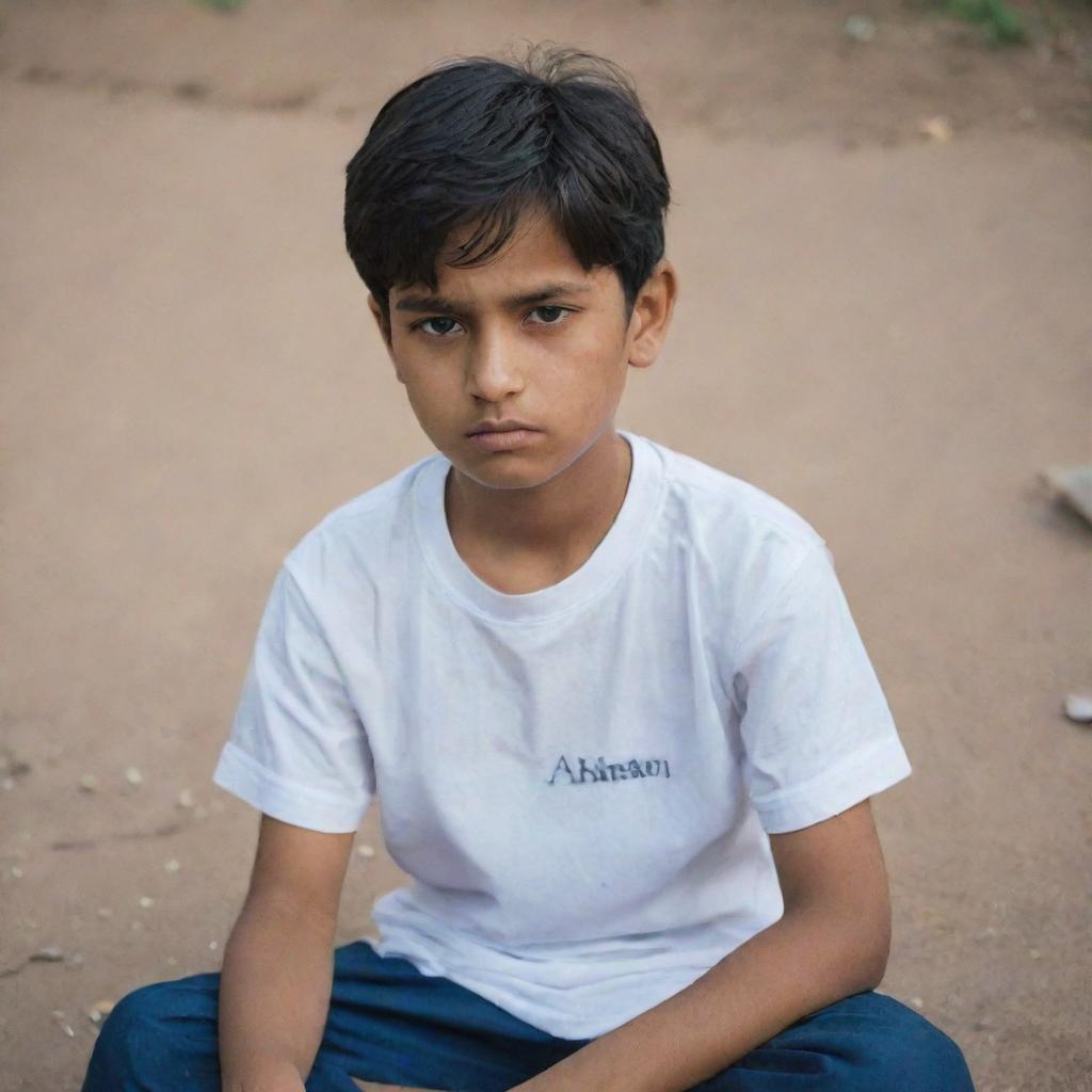 A lonely boy named Ahsan, wearing a shirt with his name printed on it, sits desolately. His sadness is tangible, reflected in his downcast gaze and the somber setting.