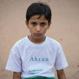 A lonely boy named Ahsan, wearing a shirt with his name printed on it, sits desolately. His sadness is tangible, reflected in his downcast gaze and the somber setting.