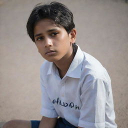 A lonely boy named Ahsan, wearing a shirt with his name printed on it, sits desolately. His sadness is tangible, reflected in his downcast gaze and the somber setting.