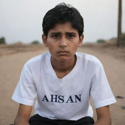 A lonely boy named Ahsan, wearing a shirt with his name printed on it, sits desolately. His sadness is tangible, reflected in his downcast gaze and the somber setting.