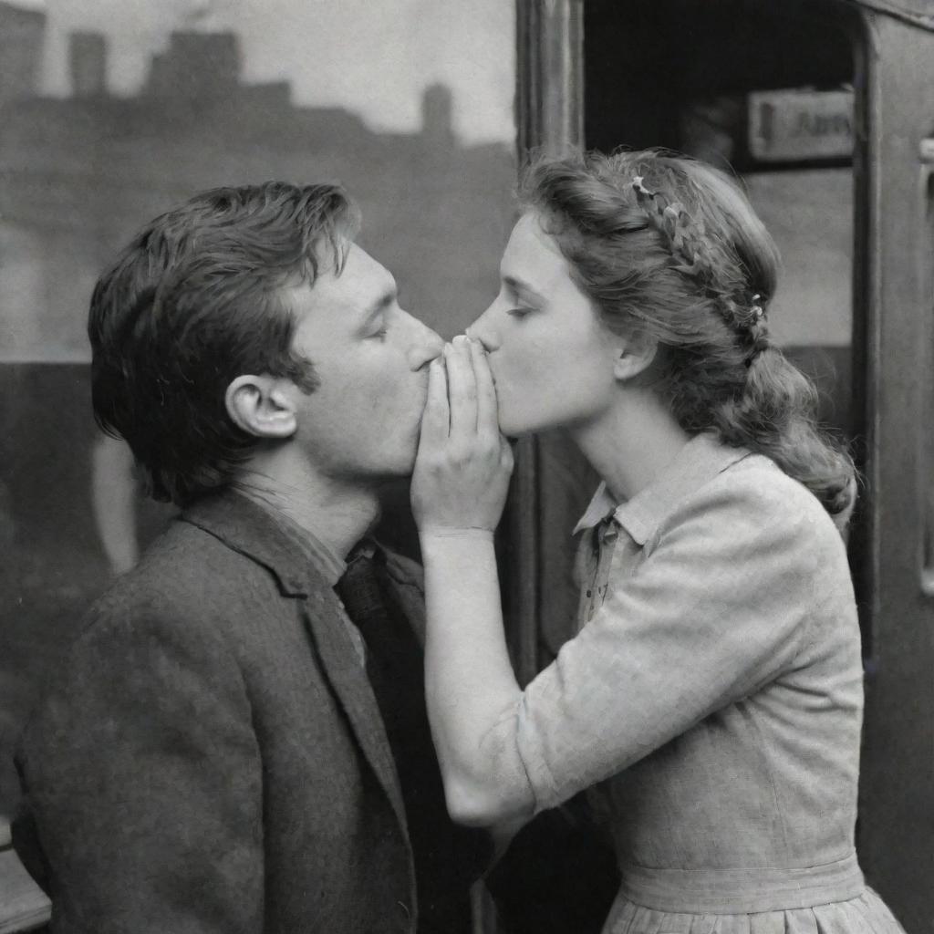 A romantic scene where a man lovingly kisses the hand of a girl from a railway coach window, projecting fond farewell or emotional reunion