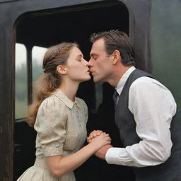 A romantic scene where a man lovingly kisses the hand of a girl from a railway coach window, projecting fond farewell or emotional reunion