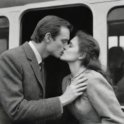 A romantic scene where a man lovingly kisses the hand of a girl from a railway coach window, projecting fond farewell or emotional reunion