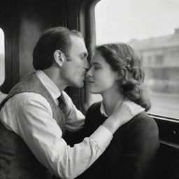 A romantic scene where a man lovingly kisses the hand of a girl from a railway coach window, projecting fond farewell or emotional reunion