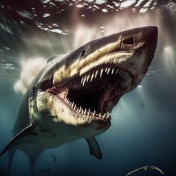 An award-winning Pulitzer Prize photograph featuring a dramatic image of a Megalodon, captured with intense detail and emotion