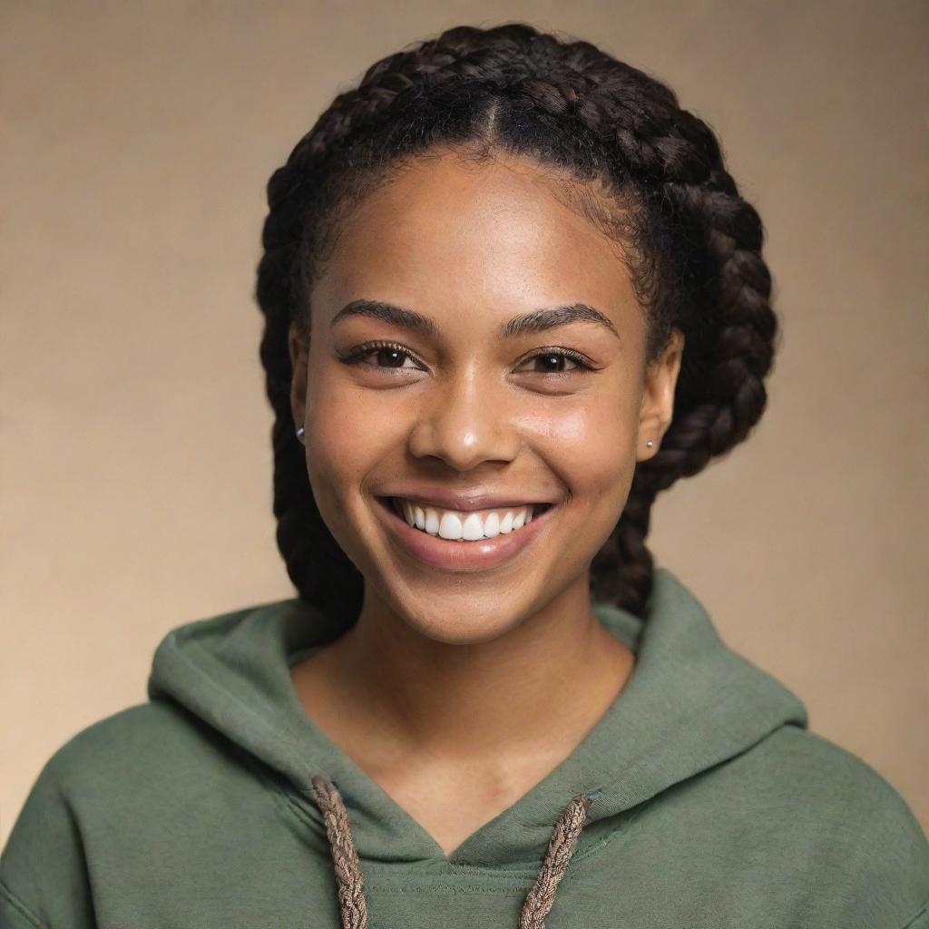 Create an ultra-realistic image of a peaceful and elegant 22-year-old African American female with light brown olive skin and African braid hairstyle. She is smiling at the camera, displaying her teeth, wearing a hoodie without the cap on, in a photo studio. The image is shot using an 80mm lens camera.