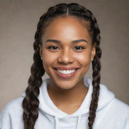 Create an ultra-realistic image of a peaceful and elegant 22-year-old African American female with light brown olive skin and African braid hairstyle. She is smiling at the camera, displaying her teeth, wearing a hoodie without the cap on, in a photo studio. The image is shot using an 80mm lens camera.