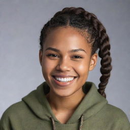 Create an ultra-realistic image of a peaceful and elegant 22-year-old African American female with light brown olive skin and African braid hairstyle. She is smiling at the camera, displaying her teeth, wearing a hoodie without the cap on, in a photo studio. The image is shot using an 80mm lens camera.